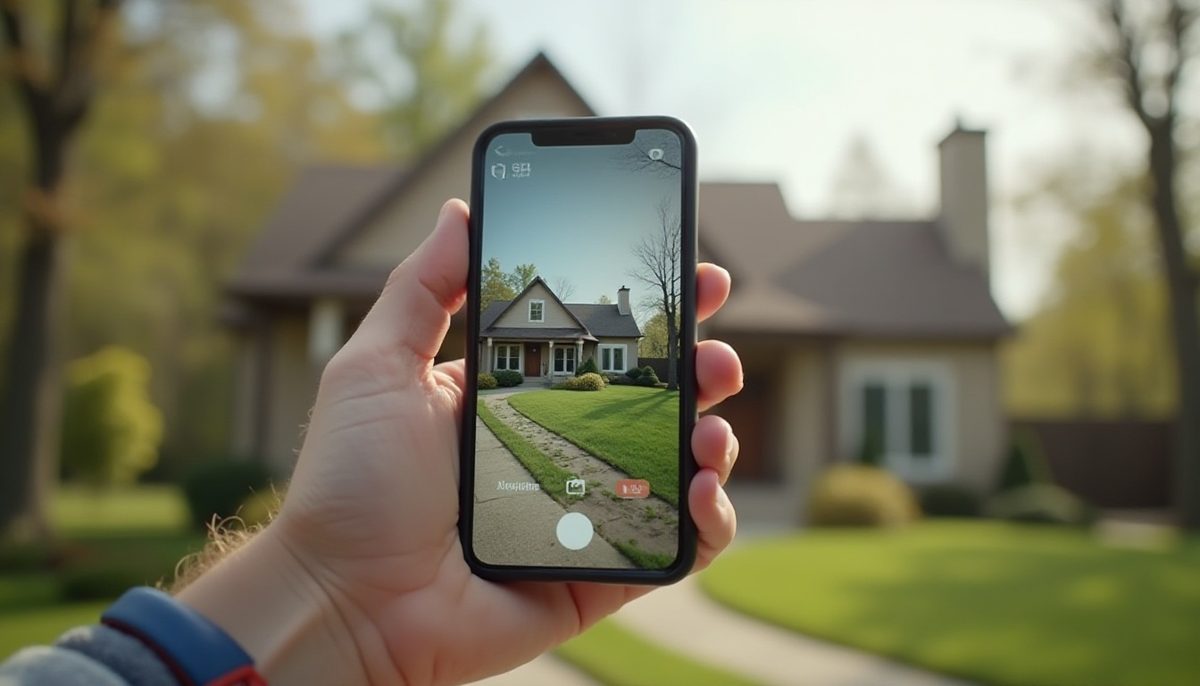 Photographing a finished job on a phone outside a house
