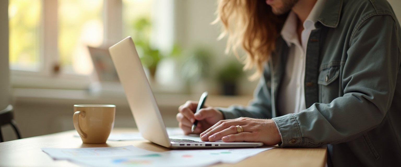A small business owner working out figures at a table with a laptop and notepad