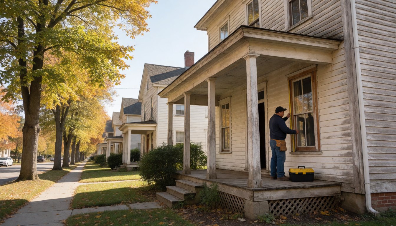 Tradesman measuring a wooden window frame on the porch of an older two-story frame house on a tree-lined street