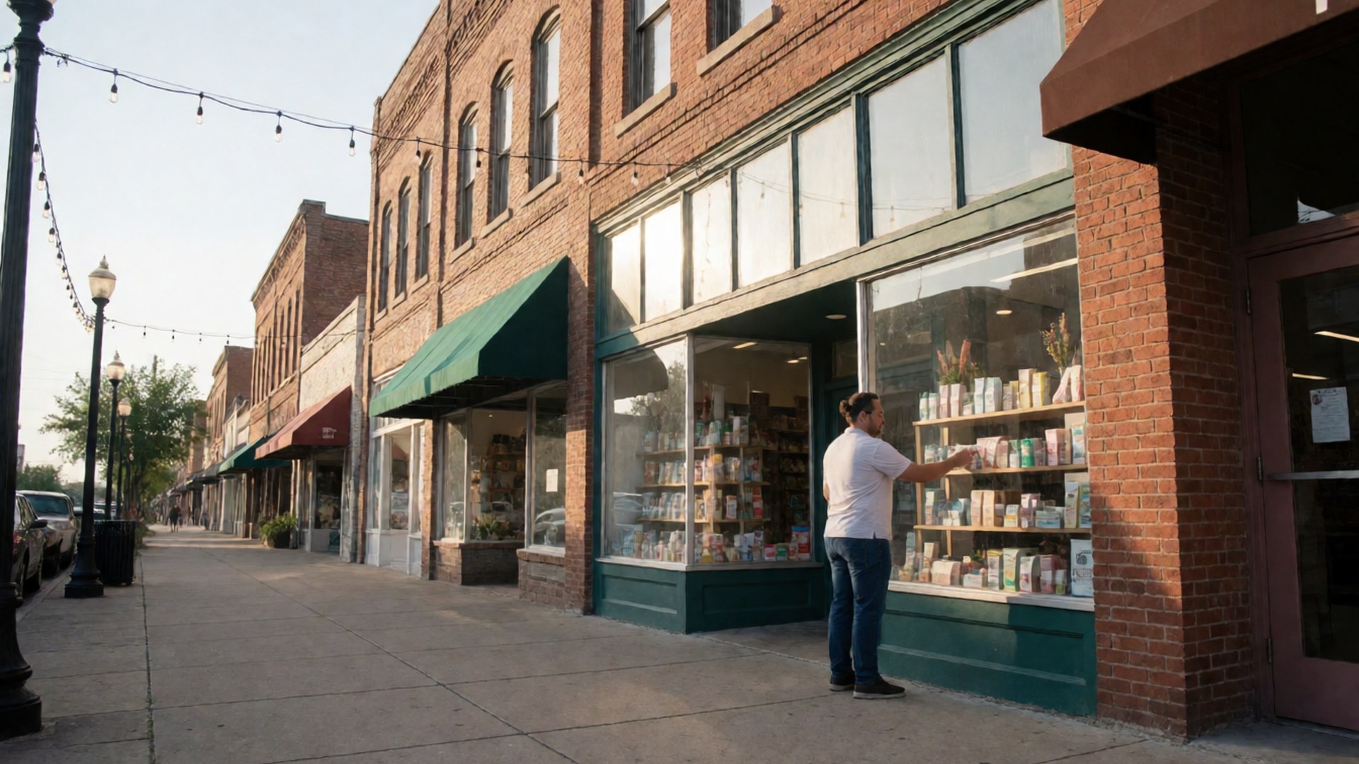 Owner of a small Dallas shop arranging goods in a brick storefront window on an older commercial street