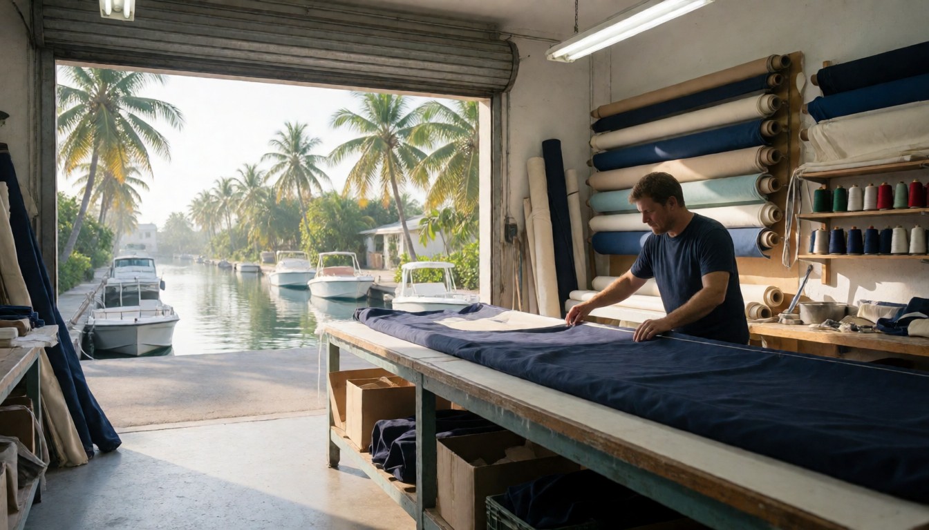 Owner of a small marine canvas shop measuring a boat cover on a worktable beside an open roll-up door