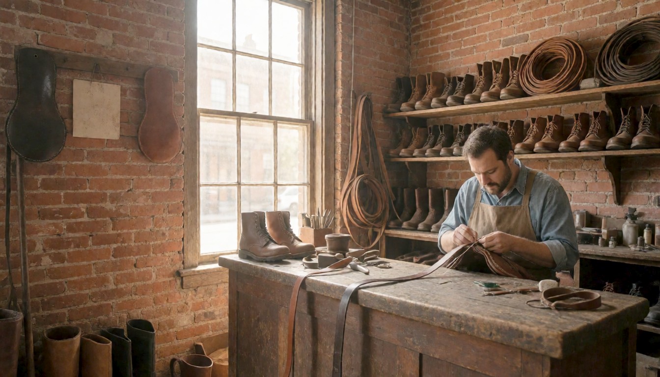 Owner of a small leather and boot repair shop stitching a saddle strap at a wooden workbench in a brick-walled shop