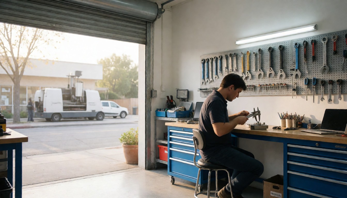 Owner of a small machine and fabrication shop checking a part with calipers at a workbench by a roll-up door