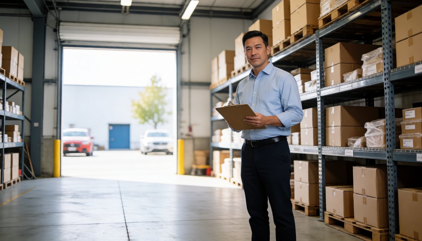 Owner of a small supply business holding a clipboard in a warehouse aisle lined with boxes on metal shelving, an open loading door behind him