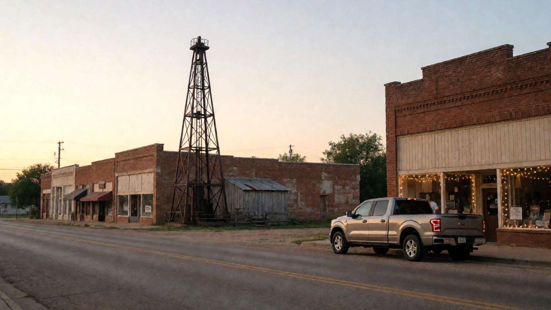 Brick storefronts along a small East Texas downtown street at sunset