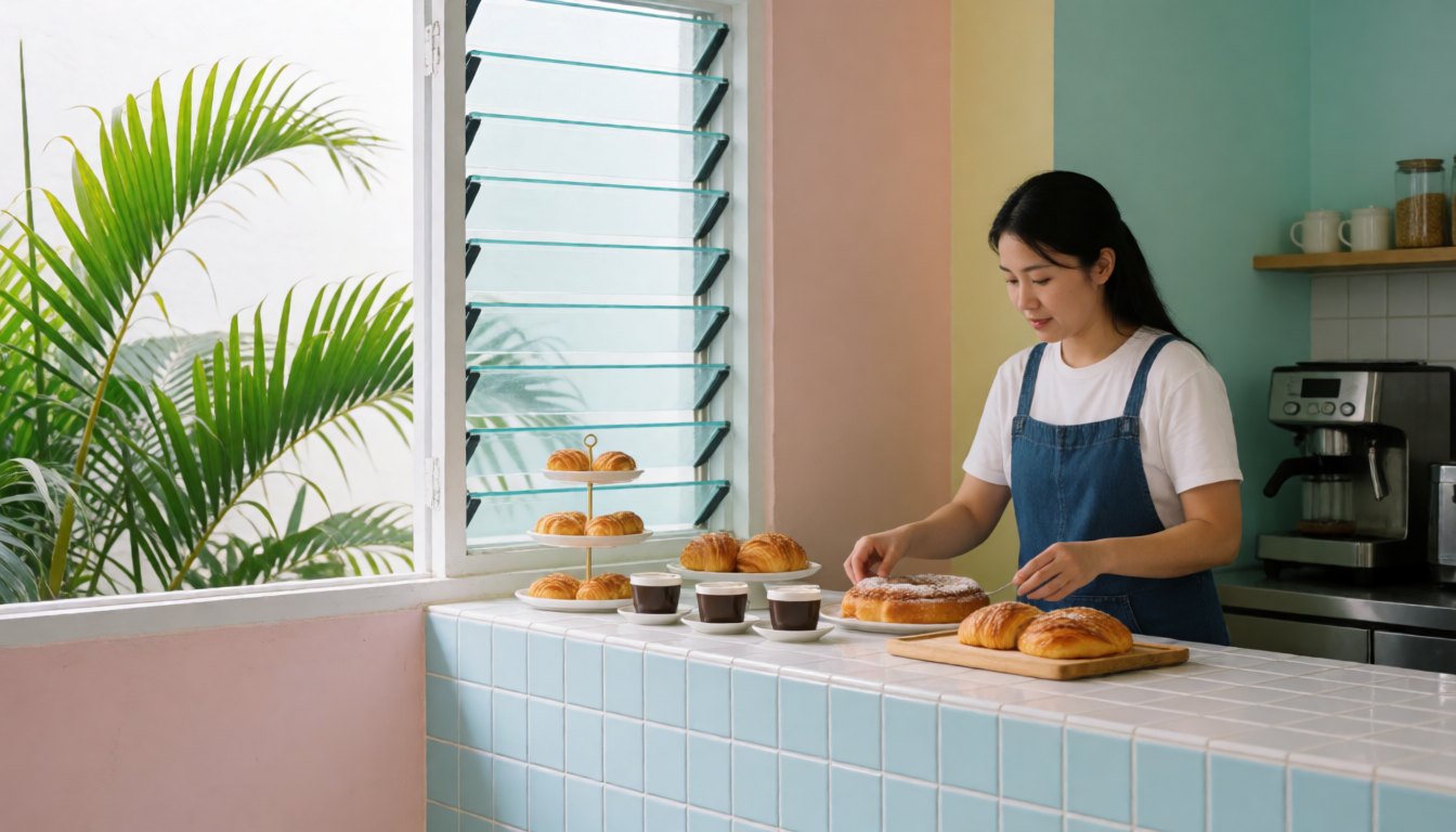 Owner of a small cafe setting out pastries on a tiled counter beside an open louvered window