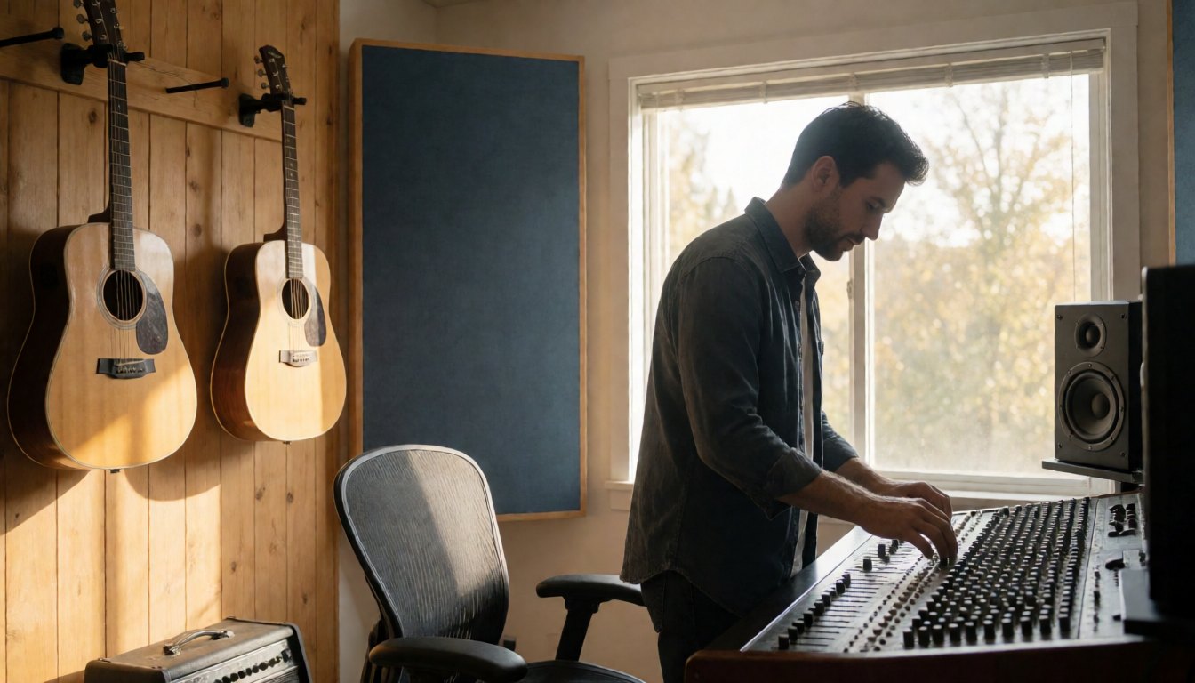 Owner of a small recording studio adjusting a mixing desk in a sunny room with guitars on the wall