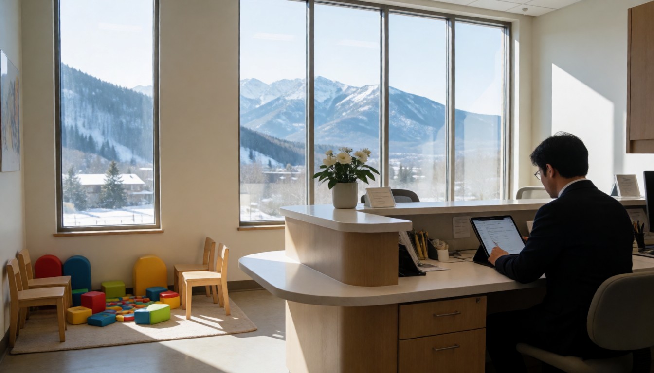 Family dentist's front desk in morning light, with a receptionist area, a small play corner for children and mountains visible through tall windows