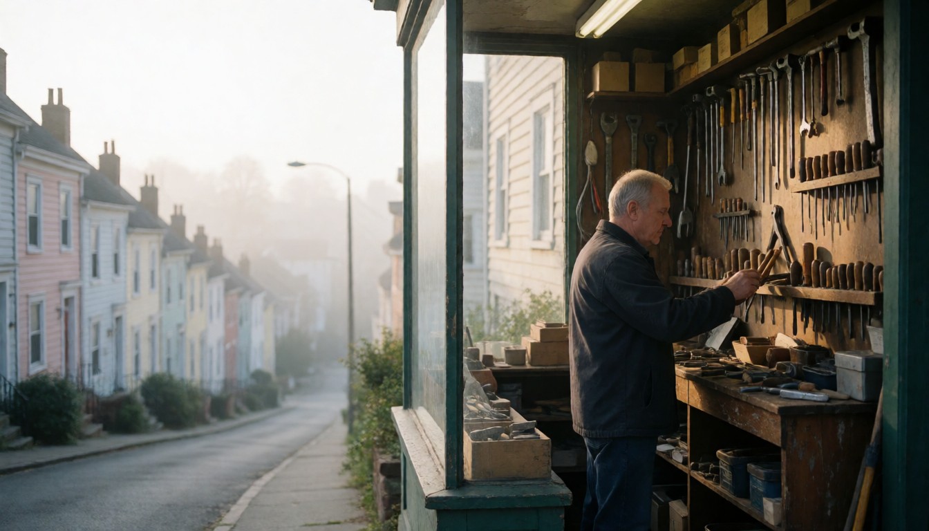 Longtime owner of a small hardware shop arranging tools on old wooden shelves in a narrow storefront with soft morning light
