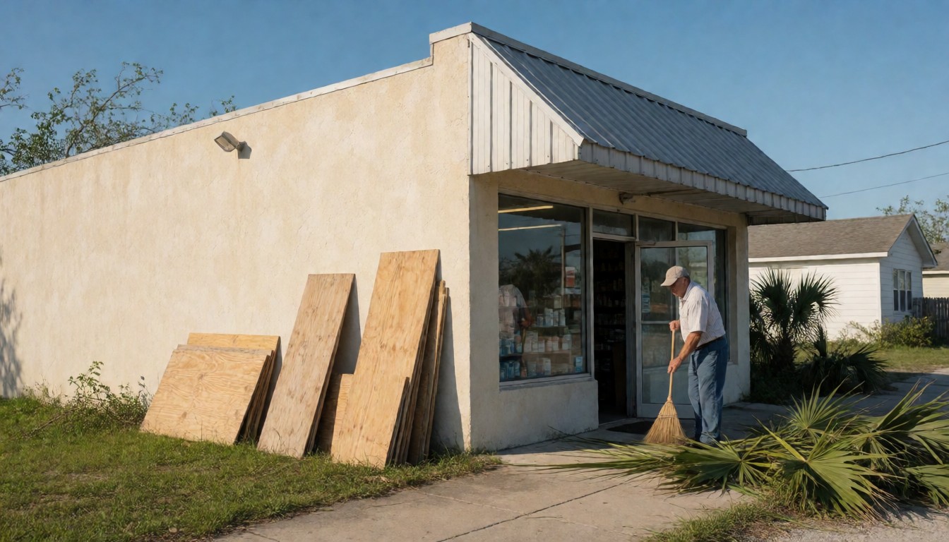 Owner of a small hardware and supply shop taping a handwritten reopening notice inside a sunny front window