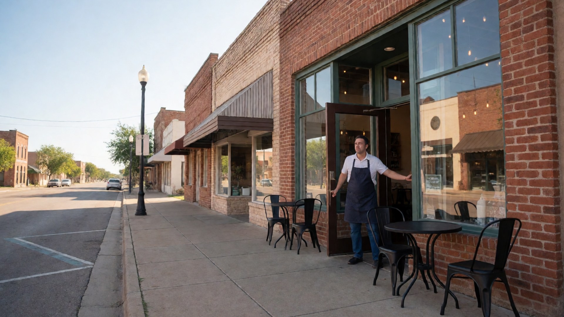 Cafe owner opening the doors of a small brick storefront on a quiet Central Texas street in the morning